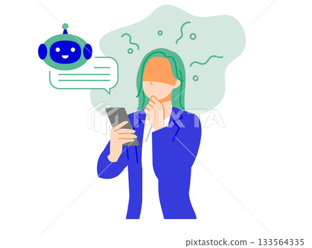 一位身著職業套裝的女商人正在使用智慧型手機與人工智慧聊天並依賴它。扁平化設計 133564335