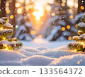 Magical Winter Background with Snow Covered Branches and Golden Bokeh 133564372