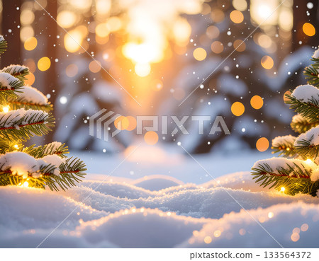 Magical Winter Background with Snow Covered Branches and Golden Bokeh 133564372