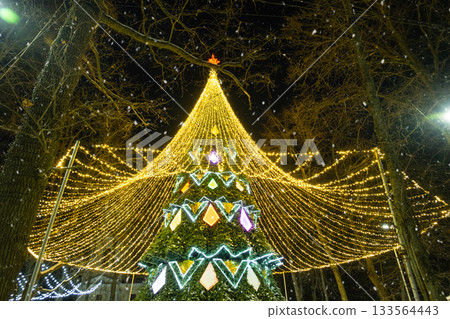 High city Christmas tree with a mushroom cap made of garlands, glows at night on the street. Christmas, New Year, decoration of the city. High city Christmas tree with a mushroom cap made of garlands, glows at night on the street. Christmas, New Year, decoration of the city. 133564443