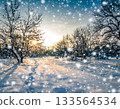 Magical Winter Landscape with Falling Snow and Footprints at Sunset 133564534