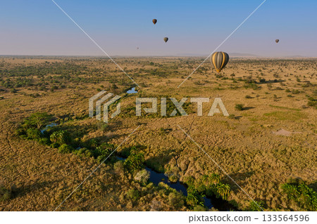 Hot air balloons flying over the savannah and meandering streams - Aerial view of the Serengeti 133564596