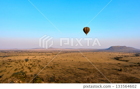 熱氣球漂浮在蔚藍的天空和塞倫蓋蒂大地。 133564602