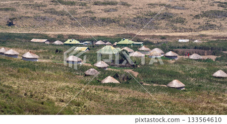 Circular houses scattered across the grasslands - Maasai village (Tanzania) 133564610