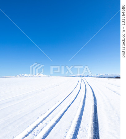 冬日北海道美瑛山區的公路,藍天白雲,積雪壓實的路面上留有汽車的痕跡。 冬日北海道美瑛山區的公路,藍天白雲,積雪壓實的路面上留有汽車的痕跡。 133564680