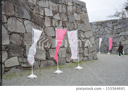 福岡城櫻花祭旗幟飄揚在石牆前 福岡城櫻花祭旗幟飄揚在石牆前 133564691