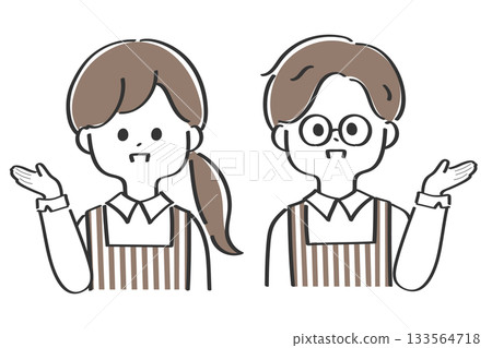 Illustration of a male and female cafe clerk giving directions 133564718