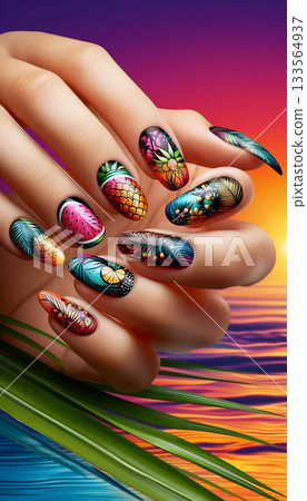 A vibrant summer tropical manicure, Ai generated image 133564937