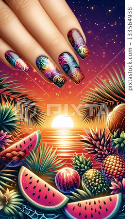 A vibrant summer tropical manicure, Ai generated image 133564938