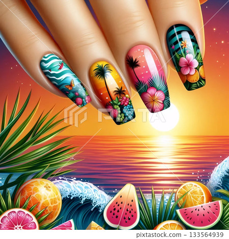 A vibrant summer tropical manicure, Ai generated image A vibrant summer tropical manicure, Ai generated image 133564939