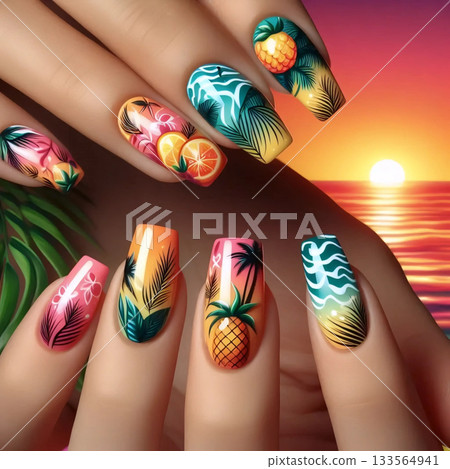 A vibrant summer tropical manicure, Ai generated image 133564941