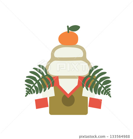 New Year's decorations: Kagami mochi - an illustration of two-tiered rice cakes with urashiro (back white), daidai (orange), gohei (sacred wand), and shihoko (red) on three sides 133564988
