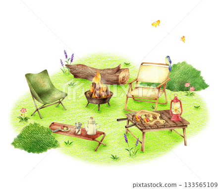 Barbecue in a green field - hand-drawn colored pencil drawing 133565109
