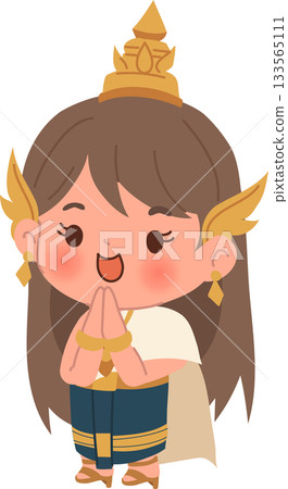 thai girl in traditional dress wai gesture cartoon character illustration 133565111