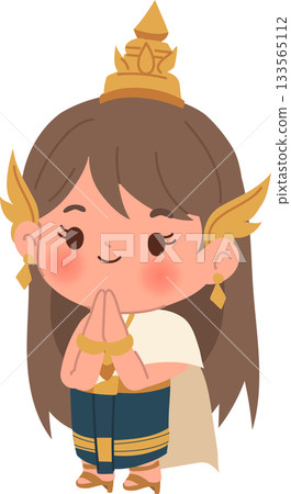 thai traditional costume cute asian girl wai gesture cartoon character cultural thailand illustration for festival and celebration themes 133565112