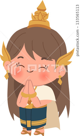 cute thai cartoon girl in cultural dress doing wai greeting for thailand tradition asian festival cute thai cartoon girl in cultural dress doing wai greeting for thailand tradition asian festival 133565113
