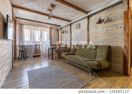 Modern Rustic Living Room with Green Sofa and Wooden Walls Modern Rustic Living Room with Green Sofa and Wooden Walls 133565117