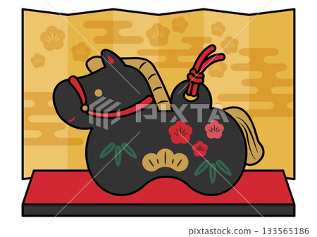 Black zodiac horse decoration and gold folding screen with main lines Black zodiac horse decoration and gold folding screen with main lines 133565186