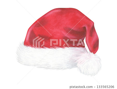 Watercolor illustration of a Santa Claus's red Hat. Hand drawn vintage sketch on white isolated background. A festive attribute for creating New Year's designs. Water color painting art image Watercolor illustration of a Santa Claus's red Hat. Hand drawn vintage sketch on white isolated background. A festive attribute for creating New Year's designs. Water color painting art image 133565206