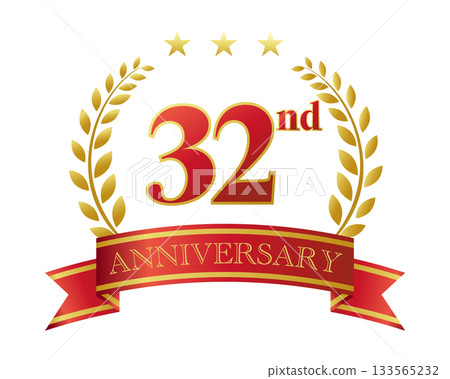 32nd anniversary icon. Red ribbon and decorative frame. 32nd anniversary icon. Red ribbon and decorative frame. 133565232