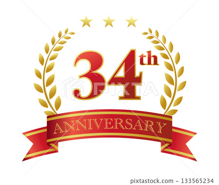34週年紀念圖示。紅色絲帶和裝飾框。 34週年紀念圖示。紅色絲帶和裝飾框。 133565234