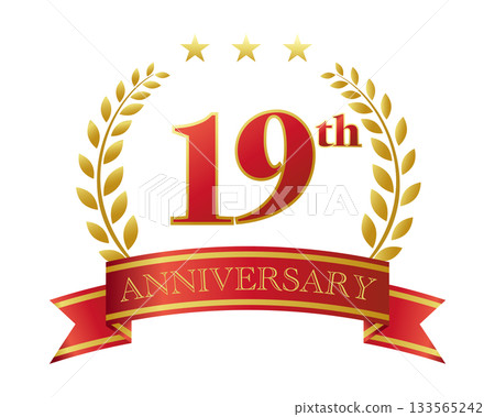 19週年紀念圖示。紅色絲帶和裝飾框。 19週年紀念圖示。紅色絲帶和裝飾框。 133565242
