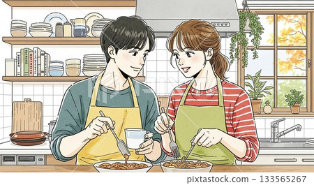 兩人享用充滿笑容的秋日晚餐 兩人享用充滿笑容的秋日晚餐 133565267