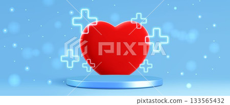 Medical podium stage with 3d red heart Medical podium stage with 3d red heart 133565432
