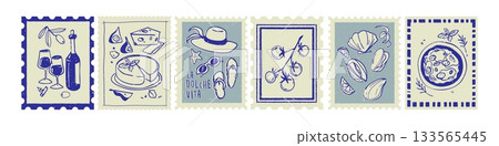 Italian summer stamps collection with food 133565445