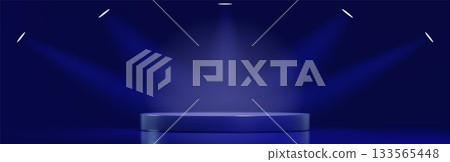 Blue podium stage with spotlight rays 133565448