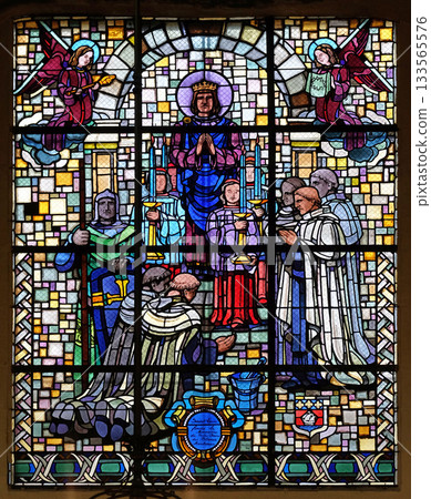 Saint Louis founded the Monastery Notre Dame des Blancs Manteaux, stained glass window in Notre Dame des Blancs Manteaux in Paris 133565576