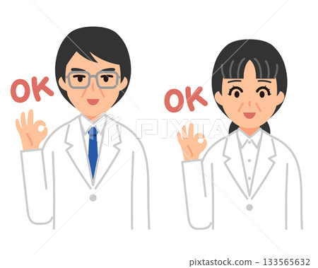 Illustration of a man and woman in white coats making an OK sign 133565632