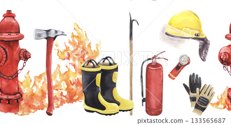 Watercolor firefighting equipment seamless border illustration 133565687