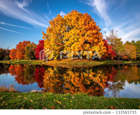 [AI-generated image] A vertically symmetrical view of lustrous autumn leaves 133565735