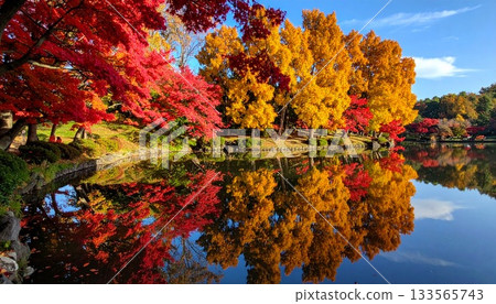 [AI-generated image] A vertically symmetrical view of lustrous autumn leaves 133565743