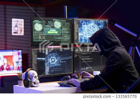 Rogue technician getting access granted message after using AI malware undetectable by antivirus. Hooded hacker breaching firewall security using artificial intelligence data mining script 133565770