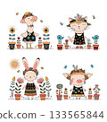 A charming set of cute animal characters a duck, cat, rabbit, and pig dressed in floral outfits and surrounded by garden plants, flowers, and tiny birds. Soft colors, cozy mood, perfect for kids 133565844