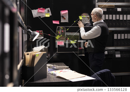 Police commissioner studying important details and clues on mystery board in incident room, arranging case files and evaluating proof for a criminal investigation. Connecting the dots. 133566128