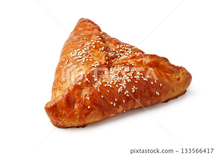 Freshly baked triangle-shaped pastry with sesame seeds on top Freshly baked triangle-shaped pastry with sesame seeds on top 133566417