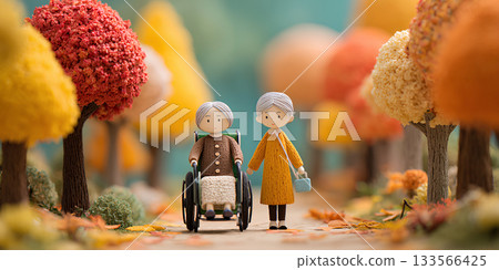 A gentle scene of wheelchair assistance in a forest of autumn leaves and greenery / Mamio Design Welfare Series 133566425