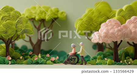 A gentle scene of wheelchair assistance in a forest of autumn leaves and greenery / Mamio Design Welfare Series 133566429