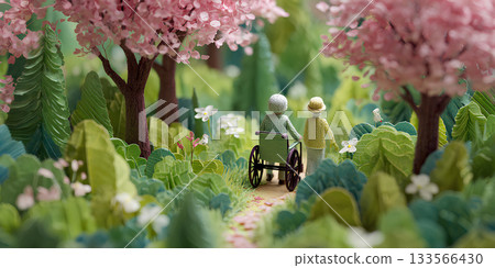 A gentle scene of wheelchair assistance in a forest of autumn leaves and greenery / Mamio Design Welfare Series 133566430
