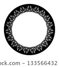 Oriental oval black and white round frame with arabesques. Decorative frame. Elegant element for design in Eastern style. Floral black border. Lace illustration for invitation, greeting card, plate 133566432