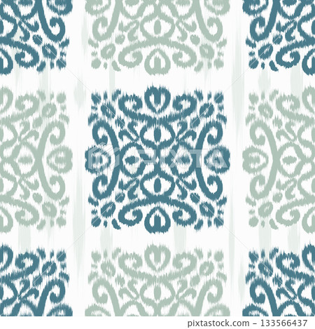 Ikat seamless pattern with green abstract floral ornament. Vector geometric background for traditional fabrics and carpet design. Retro rug decorative oriental illustration Ikat seamless pattern with green abstract floral ornament. Vector geometric background for traditional fabrics and carpet design. Retro rug decorative oriental illustration 133566437