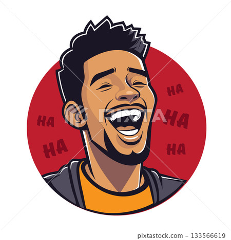 Dynamic Cartoon Man Laughing Out Loud on Red Circle Background (AI Generated) 133566619
