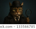 Detective style realistic cat character portrait with magnifying glass 133566785