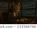 A cat trader in a suit, a business cat facing a stock chart 133566786