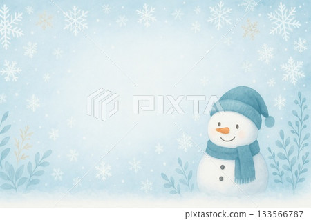 水彩雪人和雪花 - 可愛的冬季背景 133566787