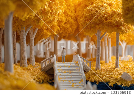 People walking in a park with yellow leaves (3D paper craft) / Mamio Design Park Series 133566918