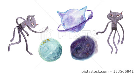 A set of space-themed watercolor illustrations in purple and blue colors for children's and holiday textile and printed design. A set of space-themed watercolor illustrations in purple and blue colors for children's and holiday textile and printed design. 133566941
